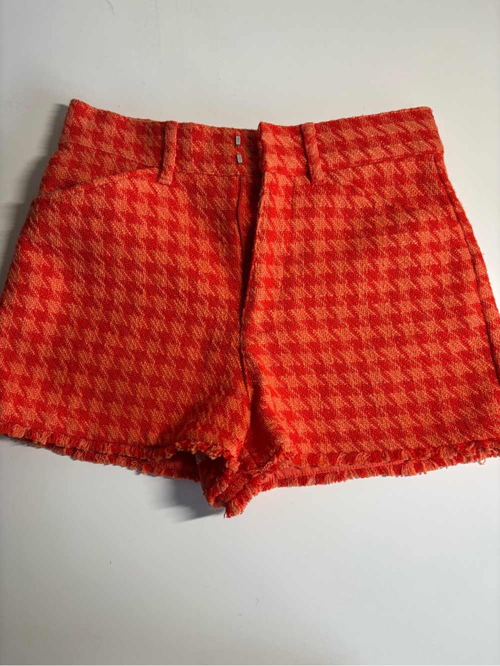 Zara Orange Houndstooth High-Waist Tweed Shorts